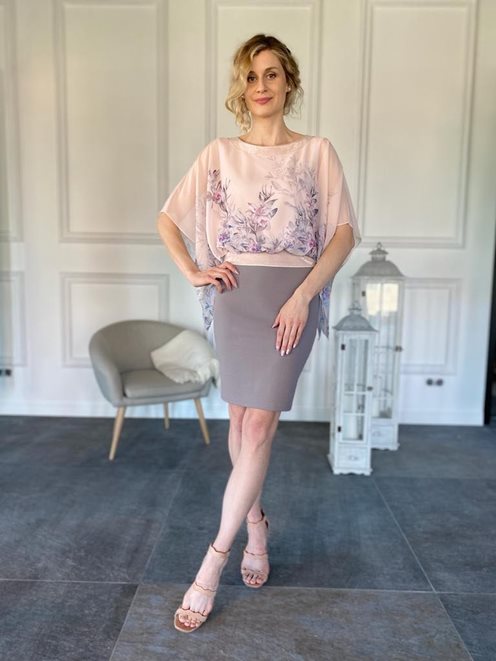 Krótka sukienka narzutka szyfonowa róż/szara