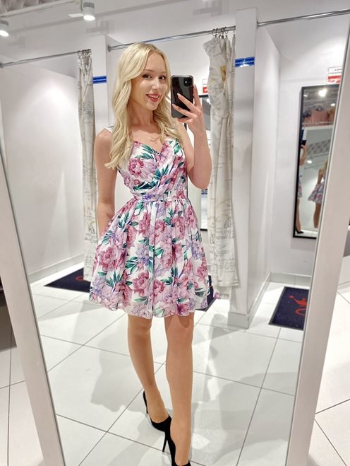 Sukienka krótka kwiatki biała/fiolet