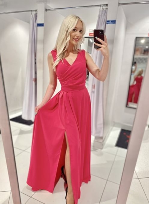 Sukienka długa dekolt na zakładkę zwiewna róż