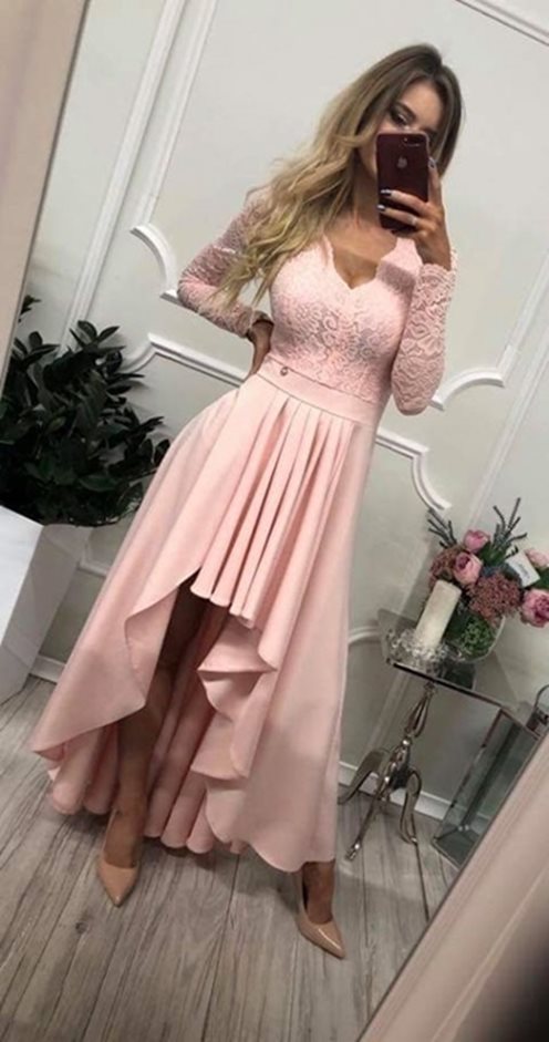 Sukienka asymetryczna długi rękaw koronkowy róż