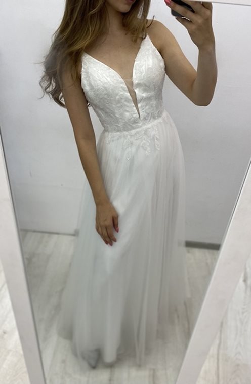 Sukienka długa błyszczący tiul koraliki biała