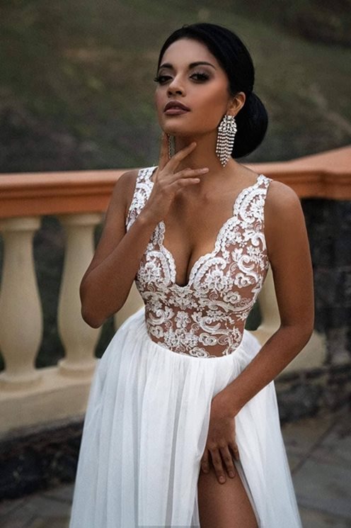 Długa sukienka koronkowa góra tiul brąz/biały