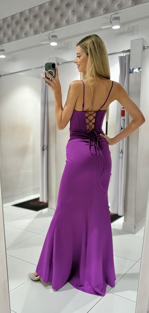 Sukienka długa zdobienia dekolt pas fiolet