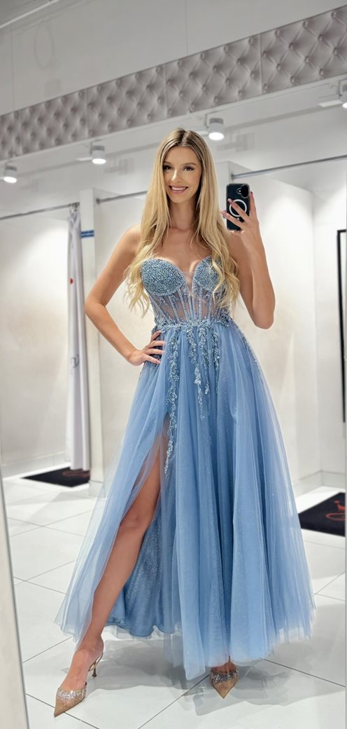 Sukienka tiulowa gorset zdobiony perłami jeans