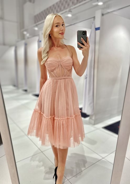 Sukienka midi gorsetowa tiul ramiączka łosoś