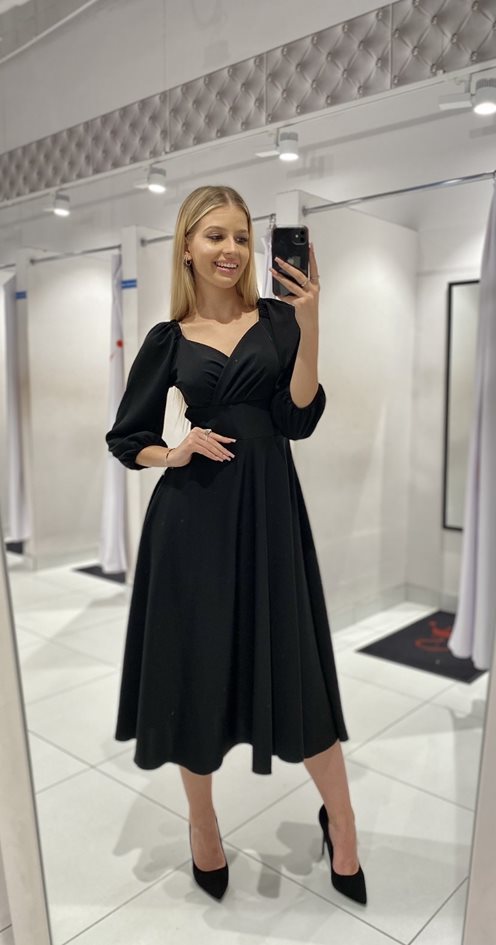 Sukienka midi rękawek 3/4 pas czerń