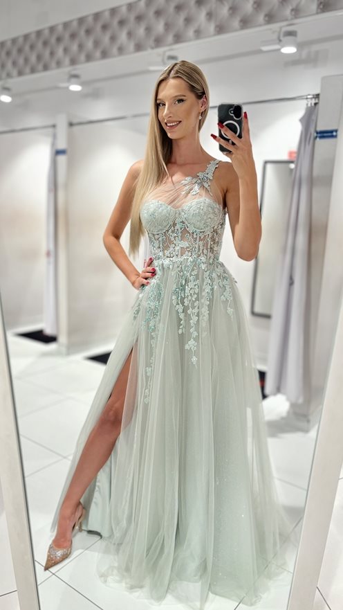 Sukienka długa tiul asymetria kwiaty brokat pistac