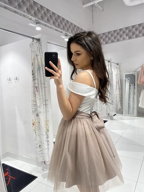 sukienka krótka hiszpanka tiulowa biały/beż