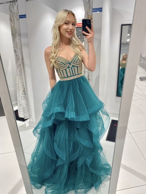 Sukienka długa gorset cyrkonie falbany zieleń