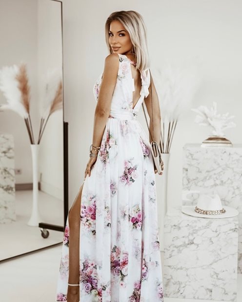 Sukienka długa zwiewna kwiaty biel/róż