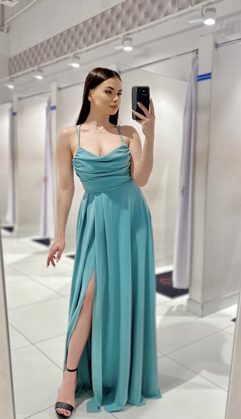 Sukienka długa dekolt woda wiązanie tył pistacja