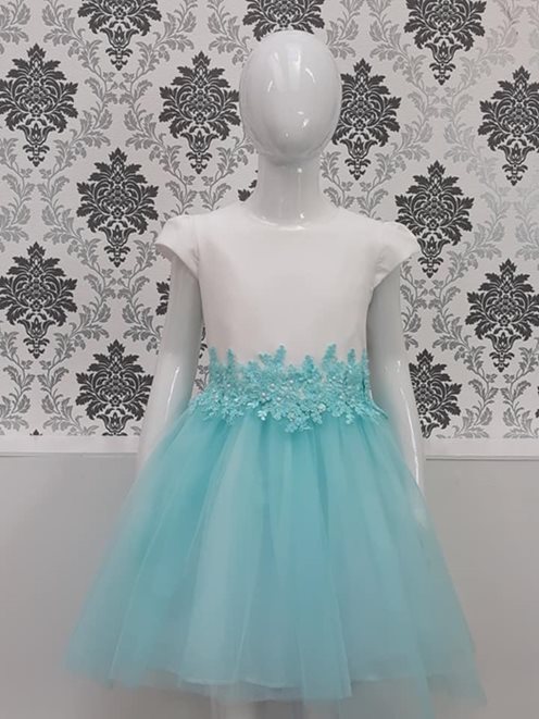 Sukienka dziecięca kwiaty tiul biel/mięta