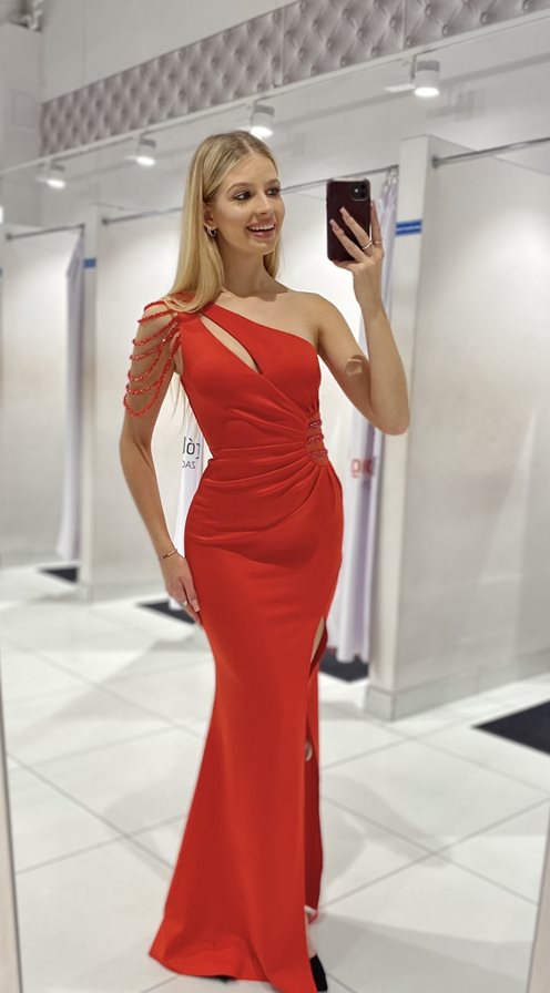 Sukienka długa syrenka jedno ramię zdobiona czerw