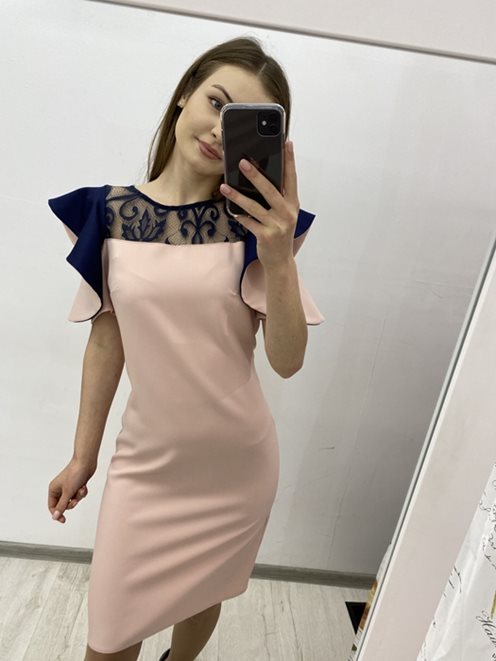 Sukienka koronka rękawy motylki róż/granat