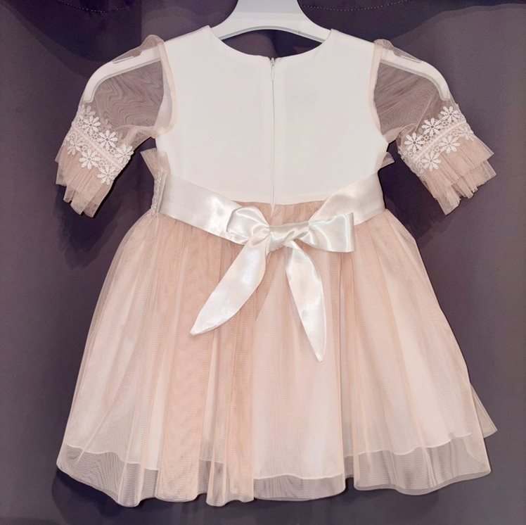 Sukienka dziecięca tiulowy rękawek kwiatki morela