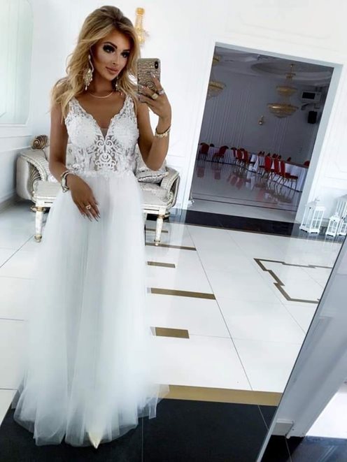 Sukienka góra kryształ dekolt V tiul biała