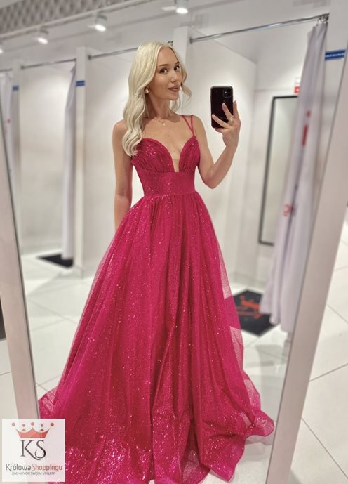 Sukienka długa rozłożysta mocno brokatowa fuksja