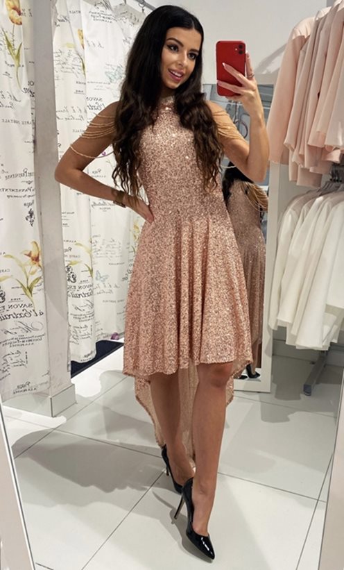 Sukienka asymetryczna cekiny róż