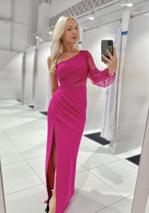 Długa sukienka na jedno ramię cekiny magenta