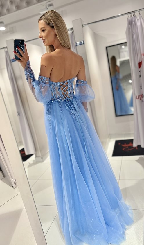 Sukienka długa tiul rękawek gorset błękit