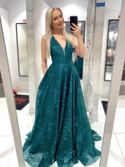 sukienka długa cała brokatowa zieleń