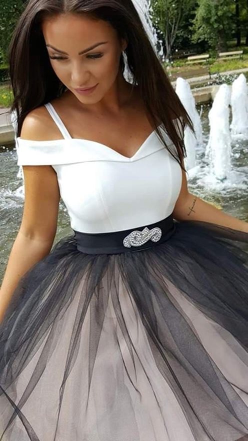 sukienka krótka hiszpanka tiulowa biała/czarna