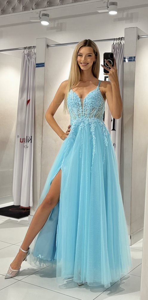 Sukienka długa tiul cekiny gorset baby blue