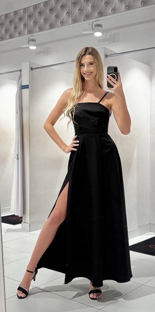 Sukienka długa góra cekinki prosty dekolt czerń