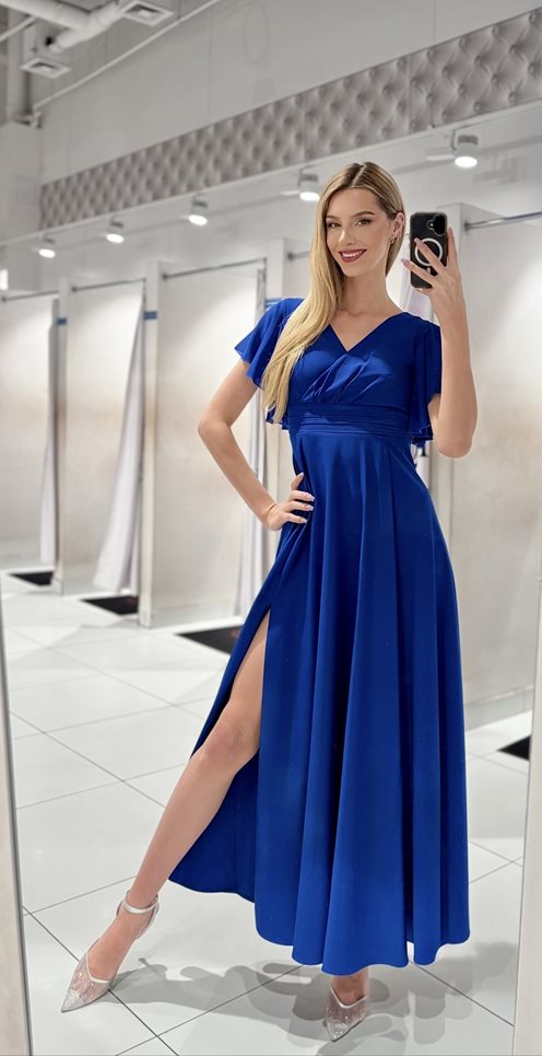 Sukienka długa z rękawkami i pasem chaber