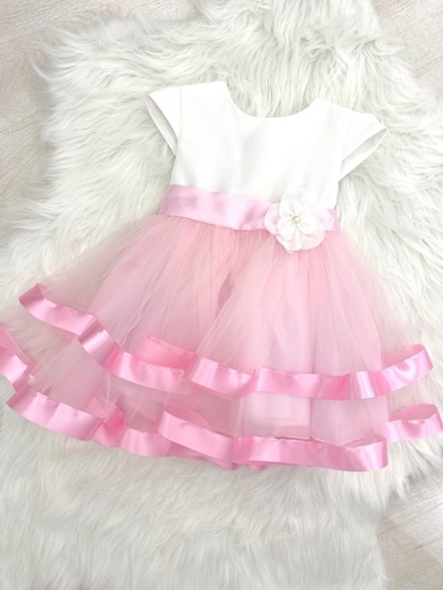 Sukienka dziecięca wstążka kwiat biel/róż