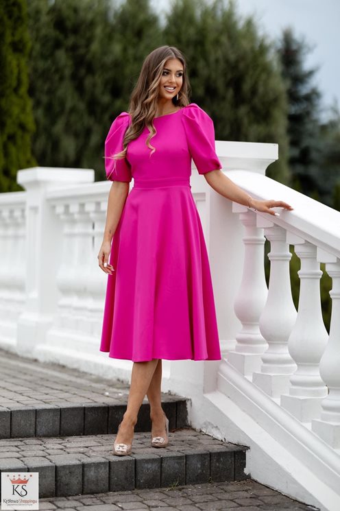 Sukienka midi bufiaste rękawki magenta