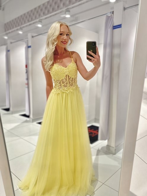 Sukienka długa gorset koraliki ramiączka żółta