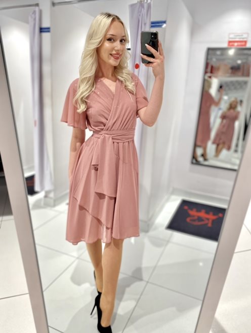 Sukienka midi na gumce brokatowa róż