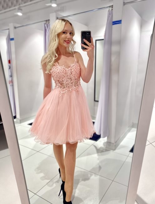 Sukienka krótka gorset koraliki ramiączka róż