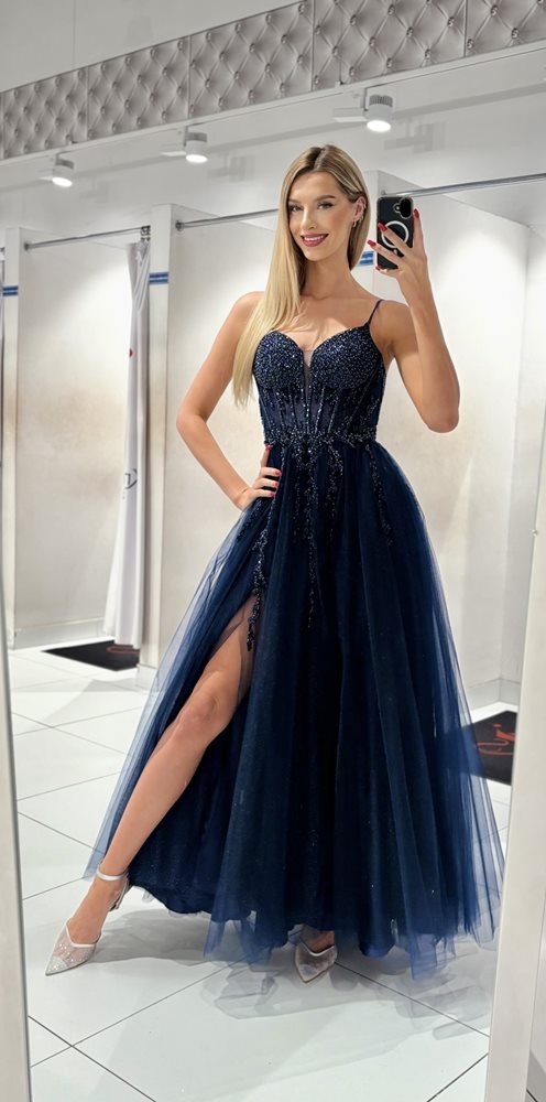 Sukienka długa gorset perełki granat