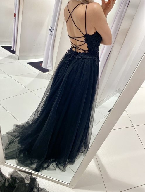 Sukienka długa tiul koronka wiązanie tył czerń