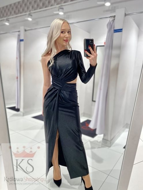 Sukienka długa asymetryczny rękaw satyna czerń