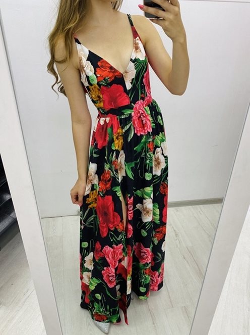 Długa sukienka dwa rozcięcia kwiaty czarna