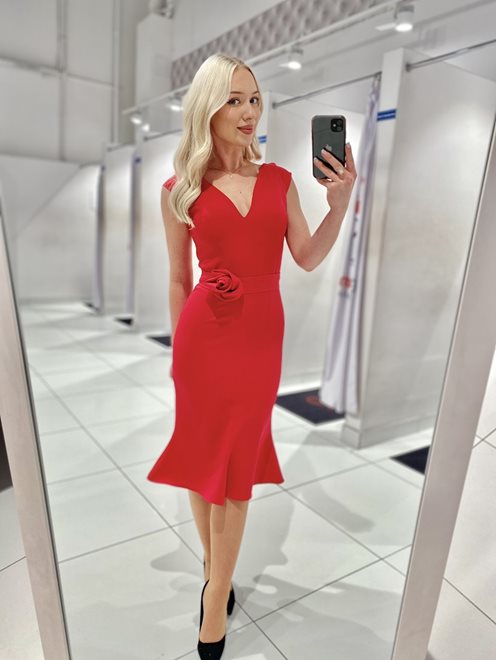 Sukienka midi klasyczna z rękawkiem pasek malina