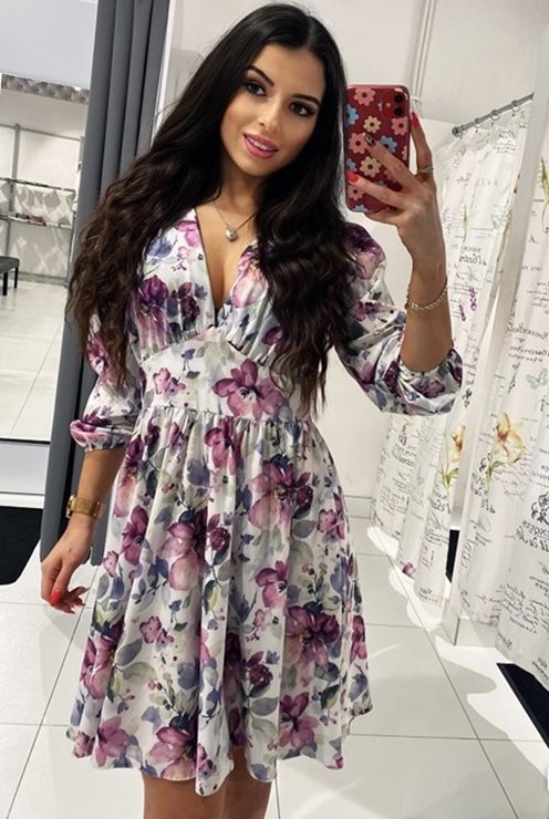 sukienka krótka w kwiaty długi rękaw fiolet