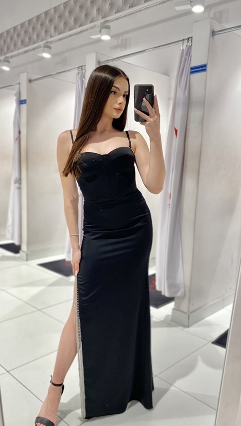 Sukienka długa gorset zdobione rozcięcie czerń