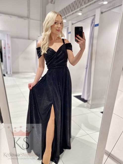 Sukienka długa opadające ramiona brokat czarna