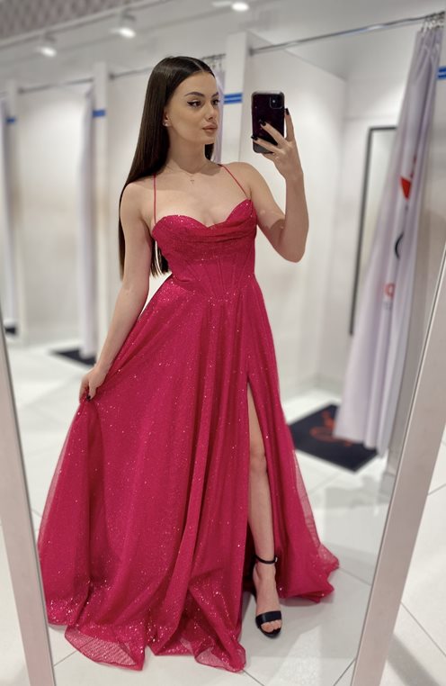 Sukienka długa gorset wiązane plecy brokat fuksja