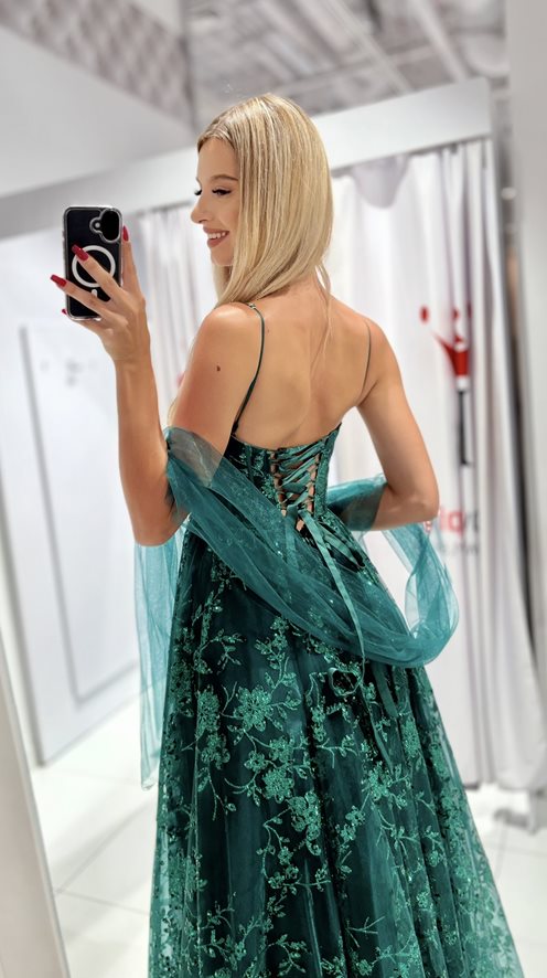 Sukienka długa tiulowa zdobiona brokatem zieleń