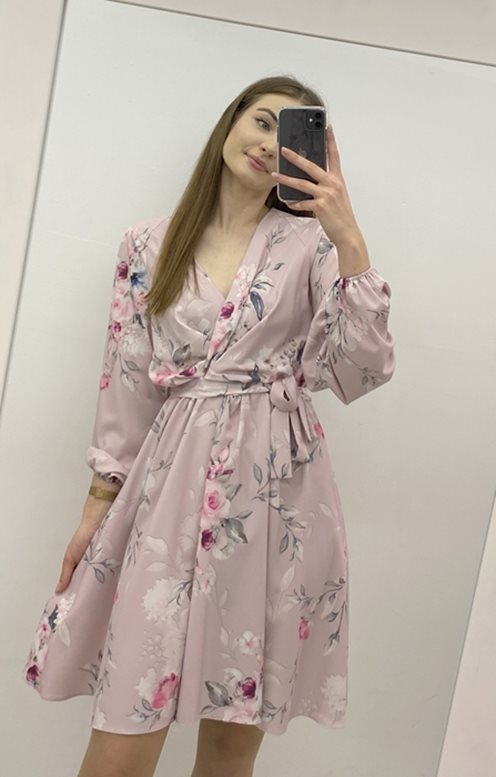 Sukienka krótka długi rękaw wzór róże