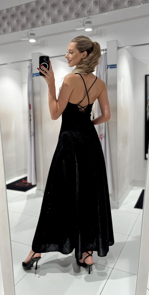 Sukienka brokatowa długa wiązany tył czerń