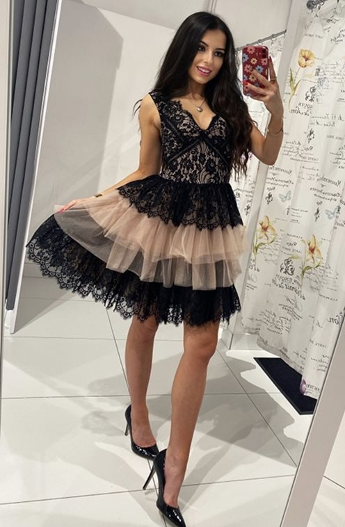 Sukienka krótka koronka dół tiul czarny-beż