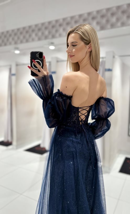 Sukienka długa tiulowa gorset zdobiony rękaw grana