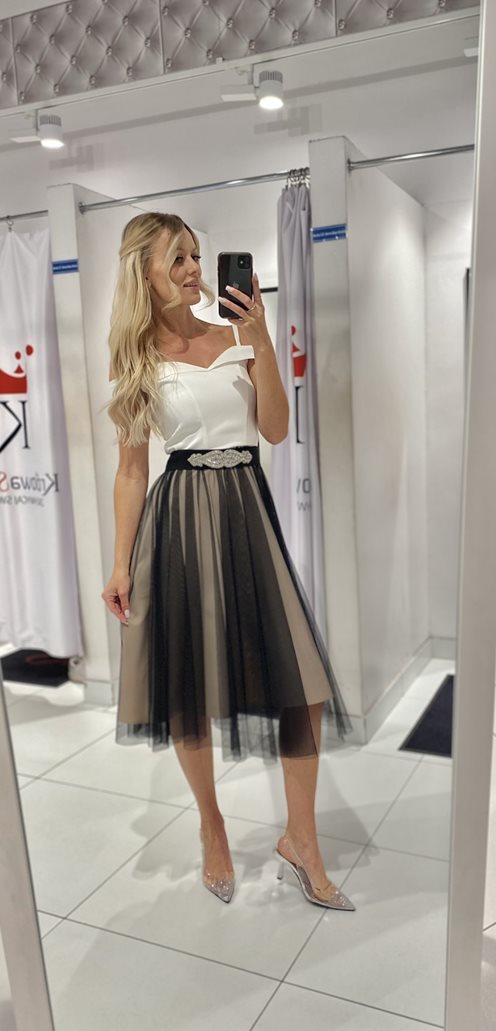 Sukienka midi hiszpanka z tiulem biel-beż-czerń