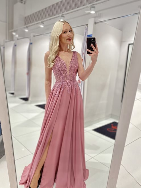 Sukienka długa ozdobna góra kamyczki wrzos